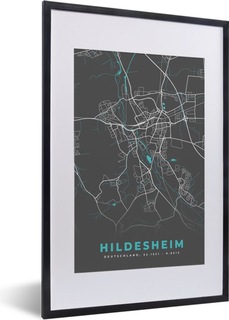 MuchoWow Gerahmtes Poster Stadtplan - Deutschland - Blau - Hildesheim - Karte 40x60 cm - Poster mit Schwarzem Bilderrahmen Wandposter Rahmen Foto...