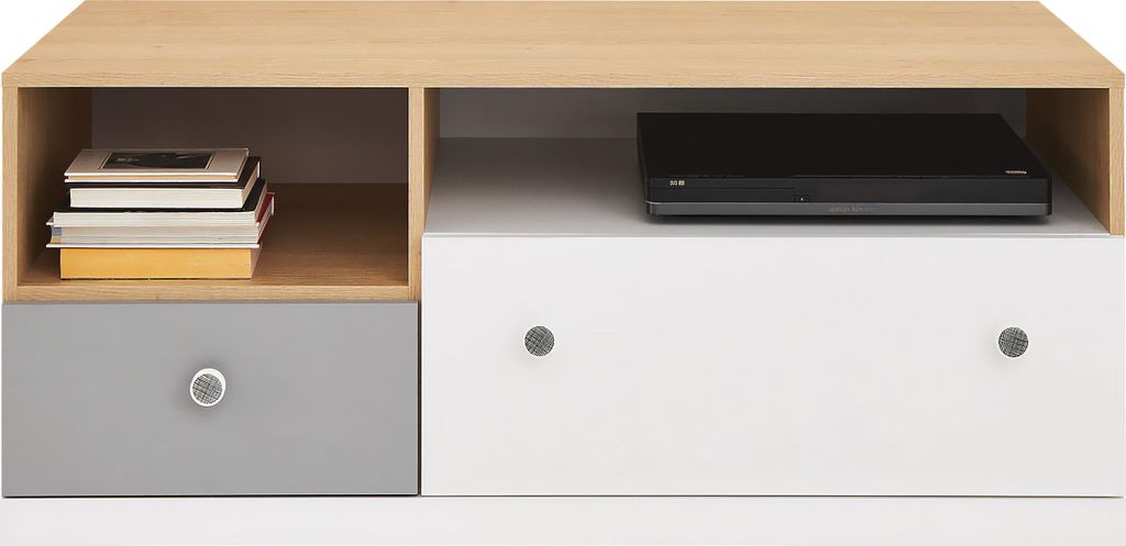 MIRJAN24 TV-Lowboard Pixel PX11, Stilvoll TV-Tisch Schrank, 2-Schubladen und Regal (Farbe: Biskuit Eiche / Weiß Lux + Grau)
