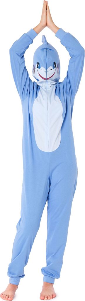 Ladeheid Mädchen Teenager Schlafoverall aus Baumwolle Tierkostüm Jumpsuit bunt Tiermotiv Verkleidung mit Kapuze LA40-233 (Blau Hai, 176)