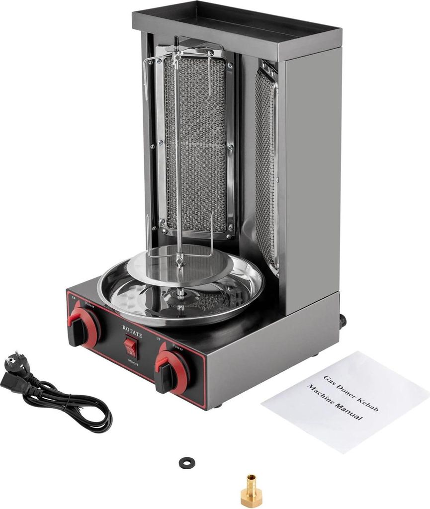Shawarma Döner Kebab Grill - Gas Vertikal Rotisserie - 2 Brenner - Edelstahl - Gyrosgrill - Hell-Silber