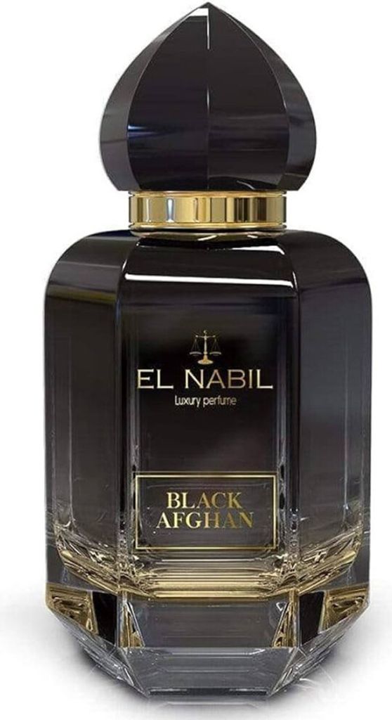 A product shot of a black and gold perfume bottle.