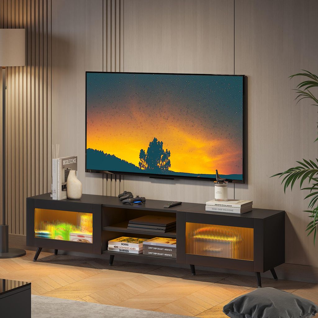 Radelldar TV-Schrank Lowboard mit LED-Beleuchtung, für Fernseher bis zu 70 Zoll, mit 2 Acryltüren, stehend, 160cm, Schwarz