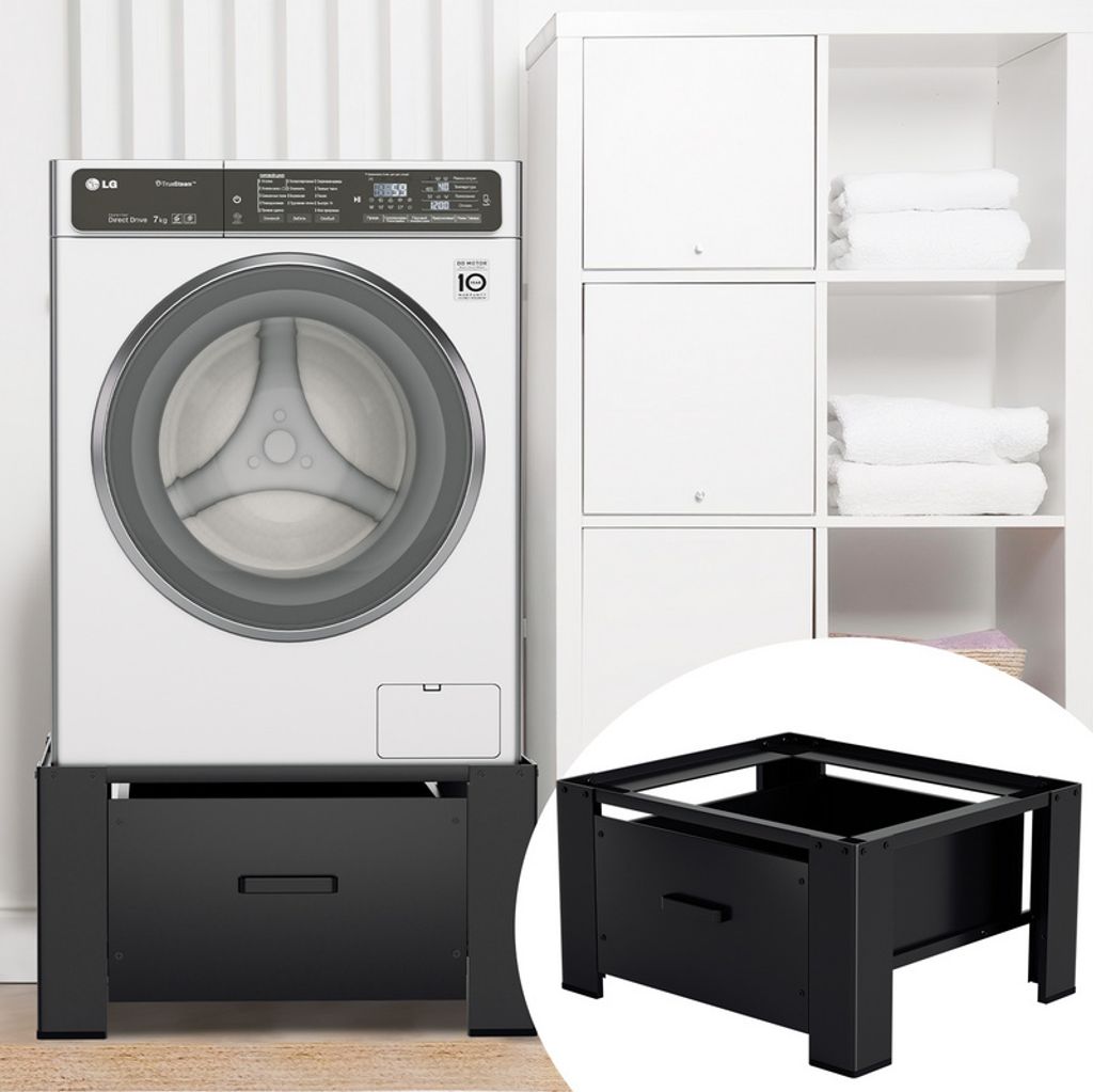 TolleTour Waschmaschinen Untergestell mit schublade für Trockner bis 150kg Waschmaschinen unterschrank Schwarz