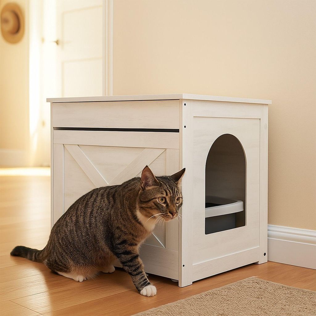 Katzentoilettenschrank mit Kratzmatte und Schublade