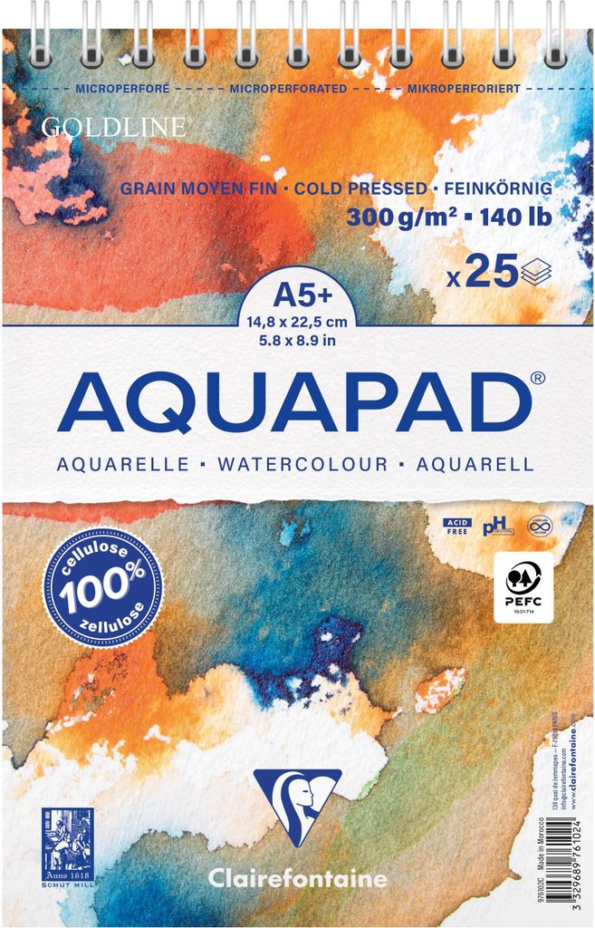 Aquapad Spiralblock Aquarell A5+, 14,8x22,5cm, 300g, 25 Blatt