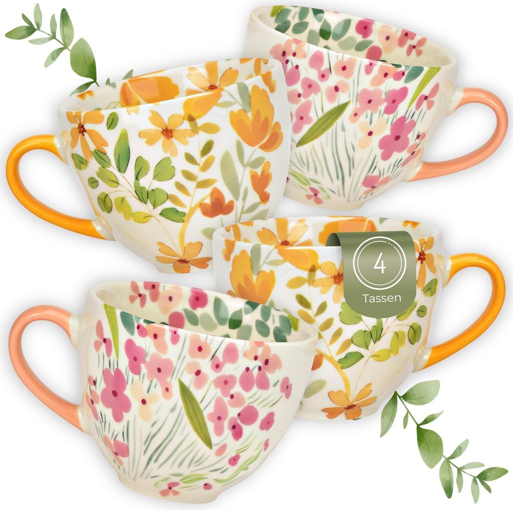 Jumbo Kaffeetassen Blumen Dekor, 4er Set XXL Tassen Gelb Rosa