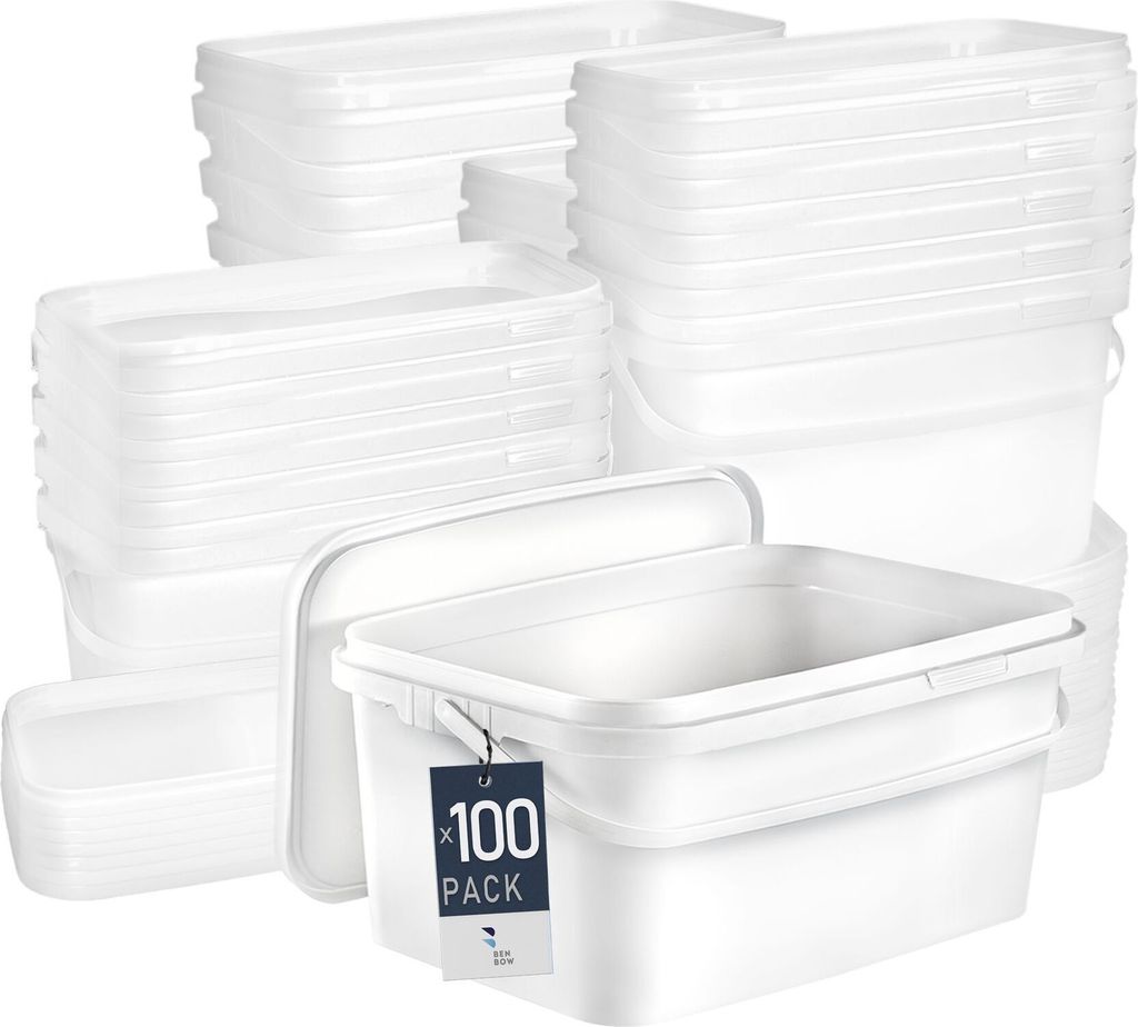 Benbow Rechteckiger Eimer mit Deckel mit Griff 5L Anzahl: 100 Stk., Weiß BSR-, Luftdicht, Lebensmittelecht, BRC-