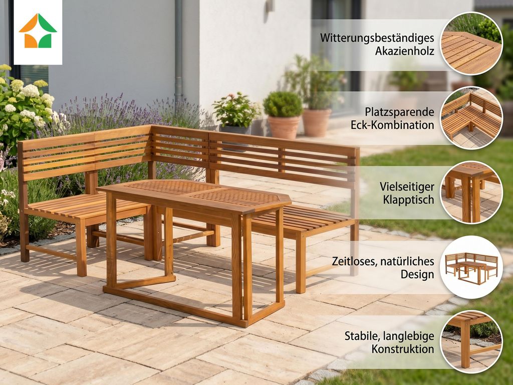Balkontisch-Set mit Eckbank – Akazienholz  ca. 150 x 100 x Produktbild 