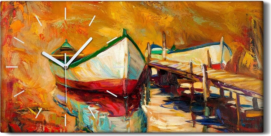 Dekor Leinwand Uhr Wandbilder Geräuschlos 60x30 Oranges Meer Boote und Pier - weiße Hände