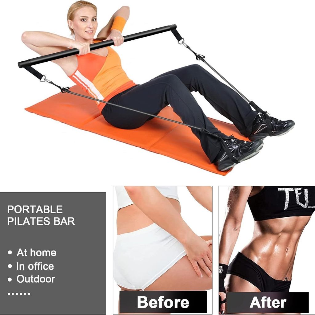 Kit Pilates Con Fasce Di Resistenza – Barra In Acciaio, Fasce 6.8/13.6/22.7 Kg E Accessori