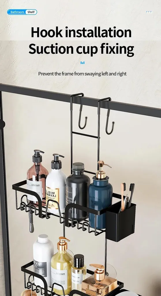 Rangement douche noir en métal sans perçage avec écoulement d'eau - 12