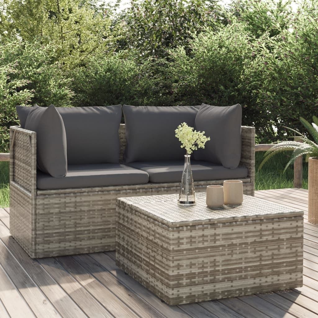 The Living Store 3-tlg. Garten-Lounge-Set mit Kissen Grau Poly Rattan