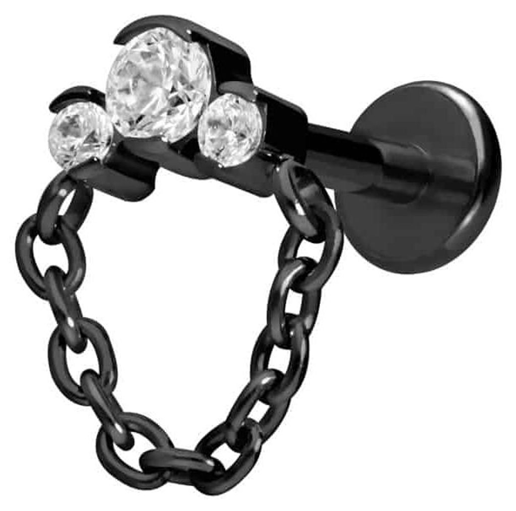 Ohrpiercing, Nasenpiercing Titan Labret mit Innengewinde 3 EINGEFASSTE KRISTALLE + KETTE Schwarz Stablänge: 7mm | Stabstärke: 1,2mm
