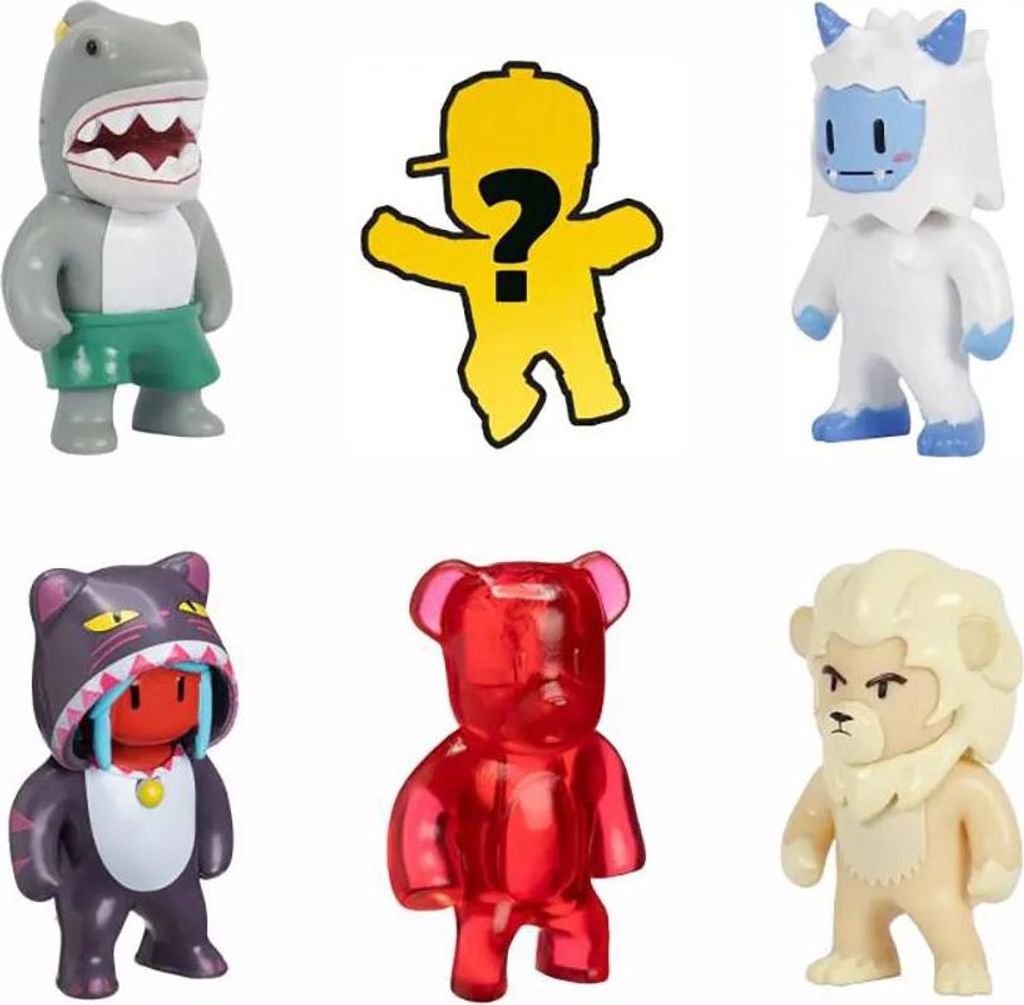 A collage of six different collectible figures, each with a unique design and color.