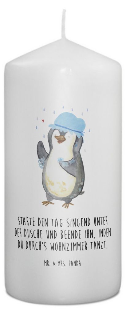 Mr. & Mrs. Panda Kerze Pinguin Duschen 15 x 7 cm - Weiß - Geschenk, Bedruckte, Dusche, Singen, Motivation, Wachskerze, Blockkerze, Duschkonzert, S...