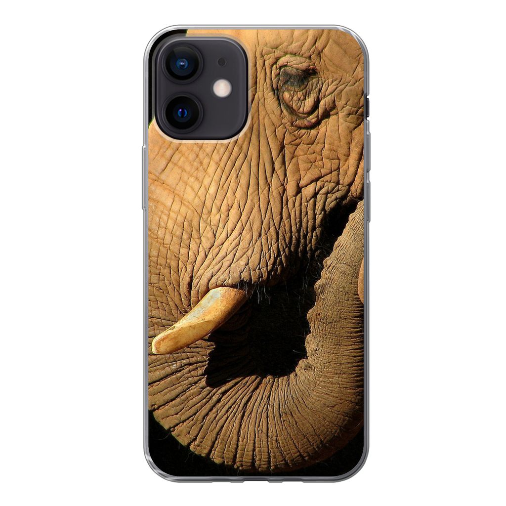MuchoWow Handyhülle Schutzhülle Hülle für iPhone 12 Elefant - Tiere - Nahaufnahme - Schwarz Silikon Softcase Handy Hülle - Schutzhülle