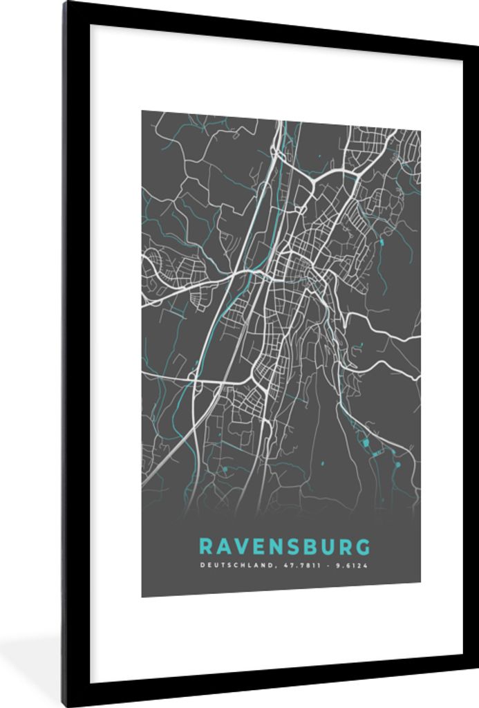 MuchoWow Gerahmtes Poster Karte - Ravensburg - Blau - Stadtplan - Deutschland 60x90 cm - Poster mit Schwarzem Bilderrahmen Wandposter Rahmen Foto...