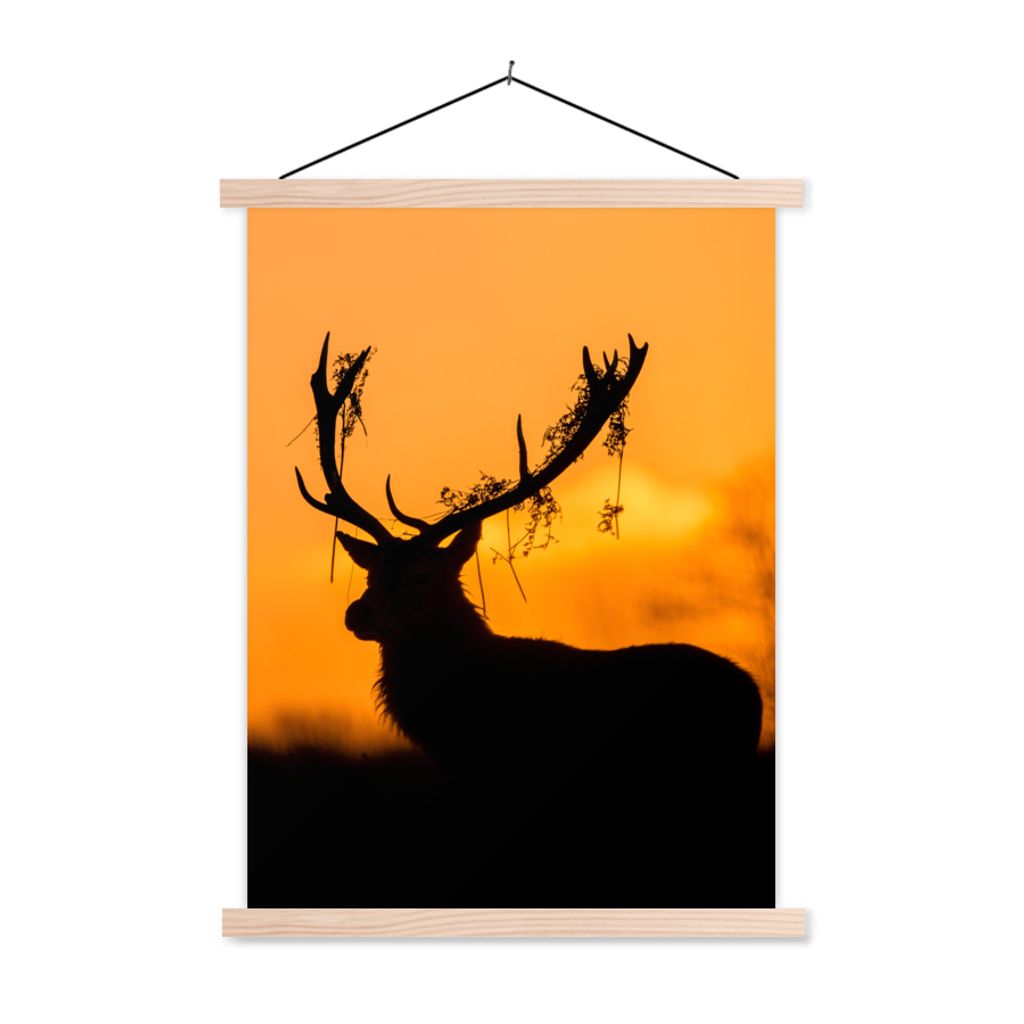 MuchoWow Textilposter Hirsch - Orange - Scherenschnitt - Tiere - Natur 40x53 cm mit holzfarbenen Rahmen - Schlafzimmer