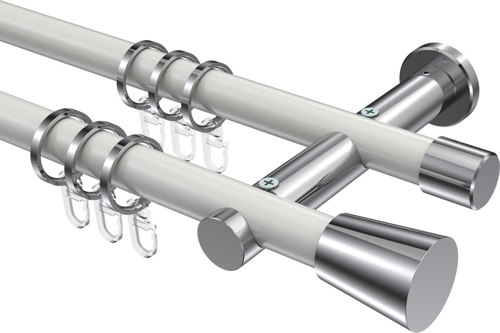 Interdeco Gardinenstange / Vorhangstange Weiß / Chrom, Typ Platon Sitra (Konus), 20 mm Ø 2-läufig, 180 cm