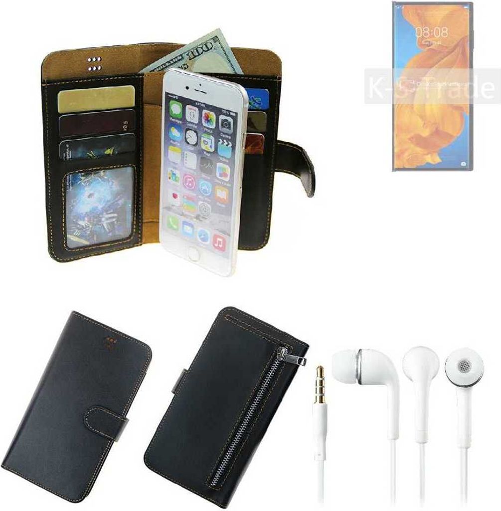 TOP SET Handy Hülle Schutz Hülle kompatibel mit Huawei Mate Xs schwarz aus Kunstleder + Kopfhörer Smartphone Tasche vollwertige Geldbörse