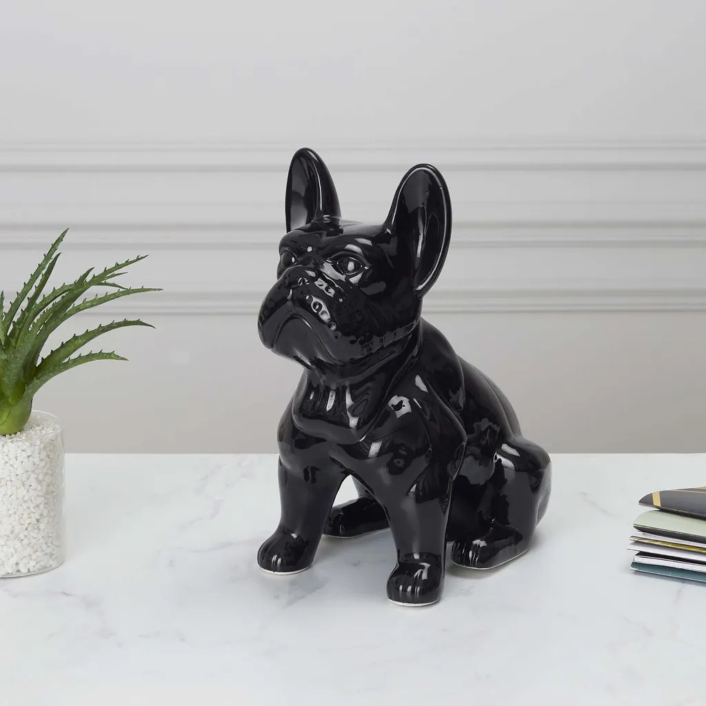 Bulldog en Céramique Noir 30cm avec Finition Brillante et Design Épuré