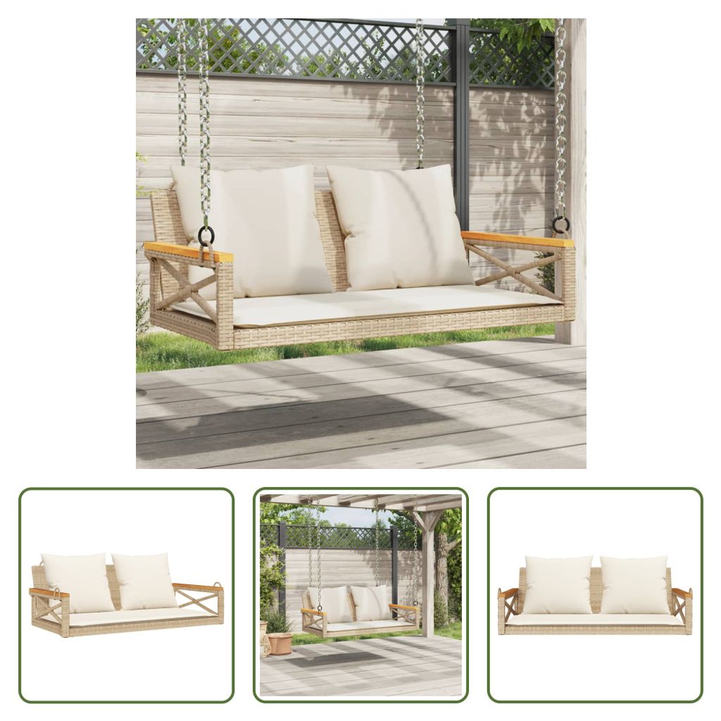 The Living Store Hängebank mit Kissen Beige 109x62x40 cm Poly Rattan