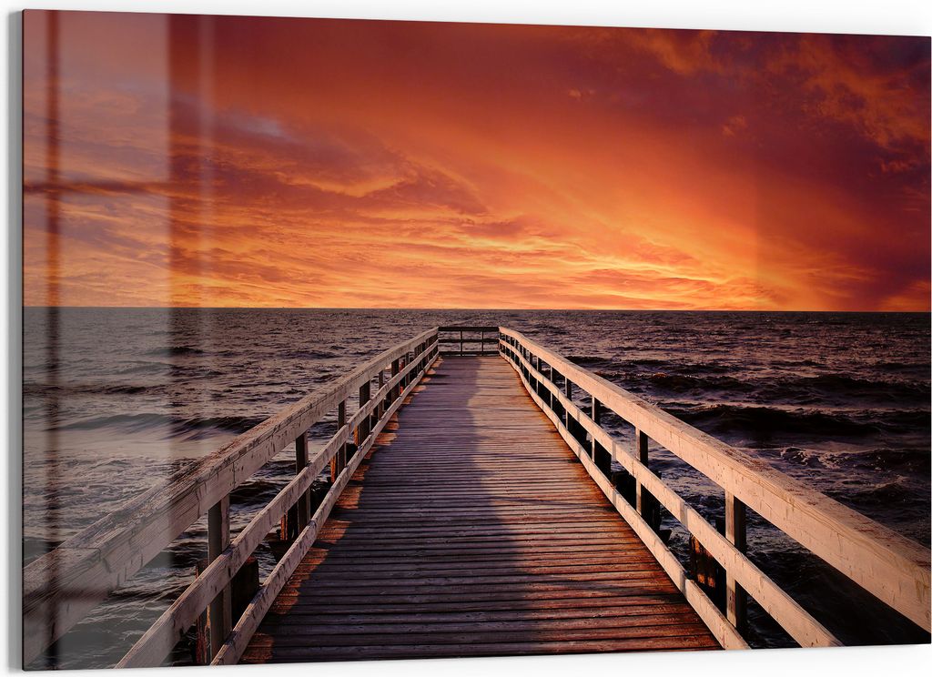 DEQORI Glasbild Echtglas 90x60 cm 'Steg ins Abendrot' Wandbild Bild modern Deko