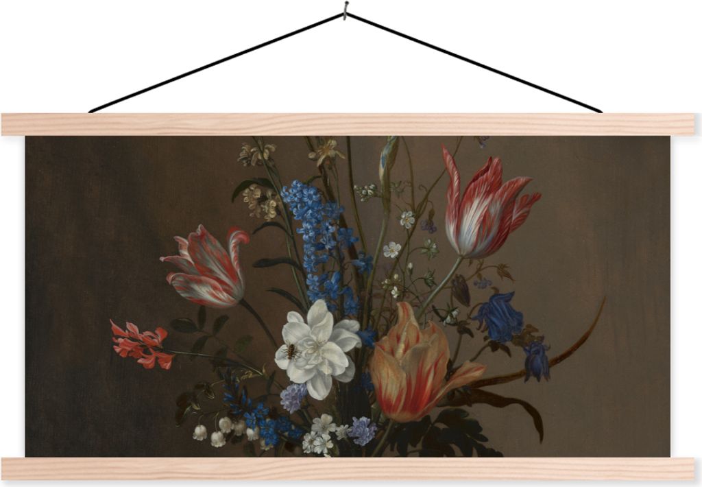 MuchoWow Textilposter Blumen in einer Wan-Li-Vase und Muscheln - Gemälde von Balthasar van der Ast 60x30 cm mit holzfarbenen Rahmen - Dekoration