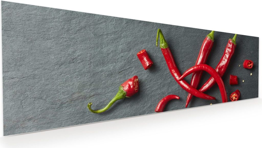 Glasbild Wandbild Chili ganz und gehackt 120x40cm in XXL für Wohnzimmer, Schlafzimmer, Badezimmer, Flur