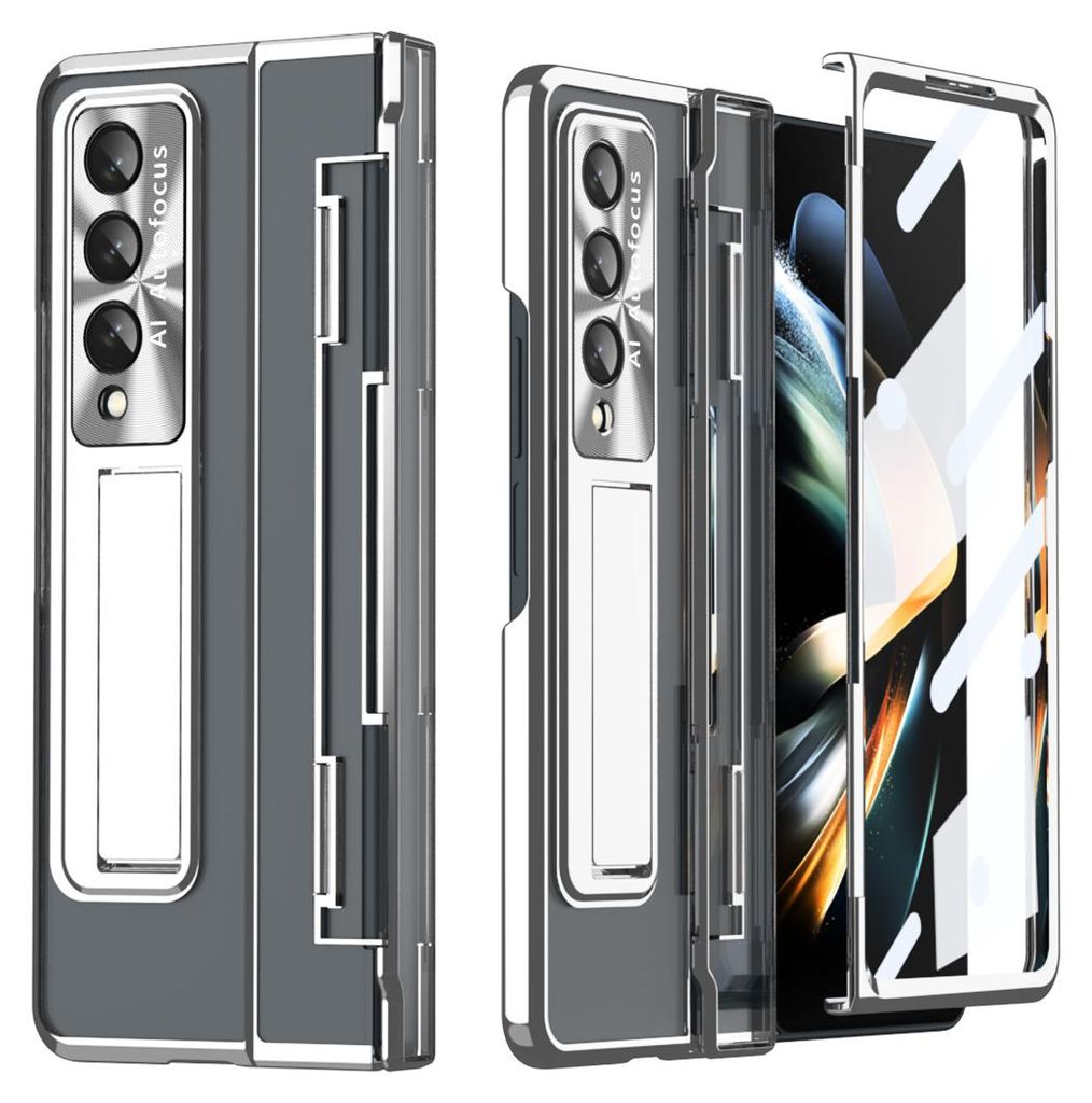 Galaxy Z Fold4 Hülle, Displayschutz & Objektivschutz Transparent Galvanisierte Ständer Schutzhülle für Samsung Galaxy Z Fold 4 5G Silber