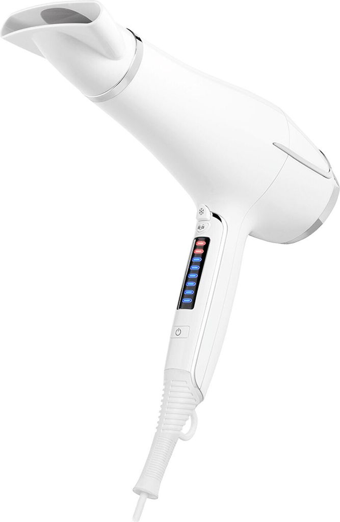 A white hairdryer is shown against a white background.