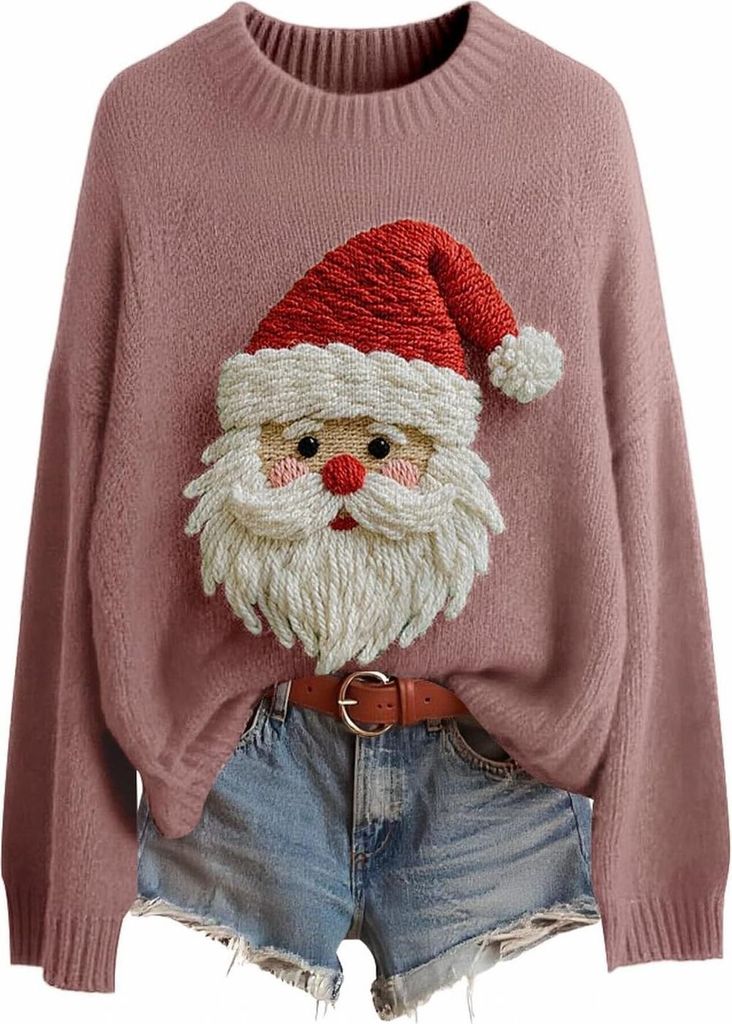 ASKSA Damen Weihnachtspullover,Strickpullover Rundhals Pulli Sweater Herbst Winter Warm Strickpulli Weihnachtspulli (D-Rosa,XXL)