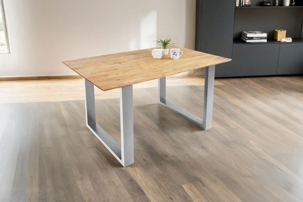 Esstisch 160 x 85 cm Dean, Massivholztisch Eiche, Schweizer Kante, Esszimmertisch mit U-Gestell aus Metall Silber, pflegeleichter Holztisch