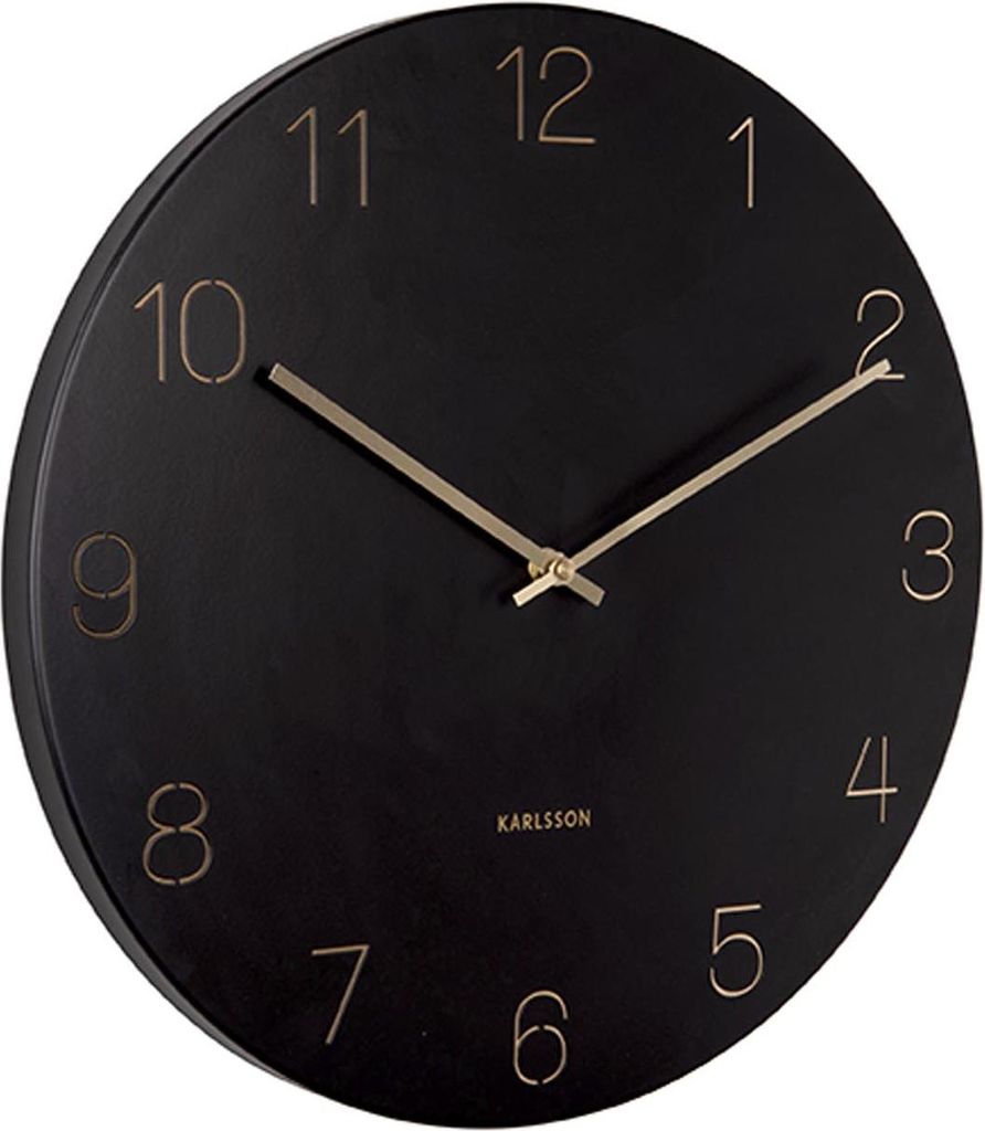A black wall clock with gold numbers and hands.
