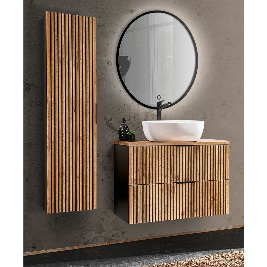 Badmöbel Set Waschtisch Unterschrank 80 cm, Hochschrank, LED Spiegel rund XANTEN-56 in anthrazit mit Eiche Nb. schwarz gerillt, B/H/T: ca. 130/200...