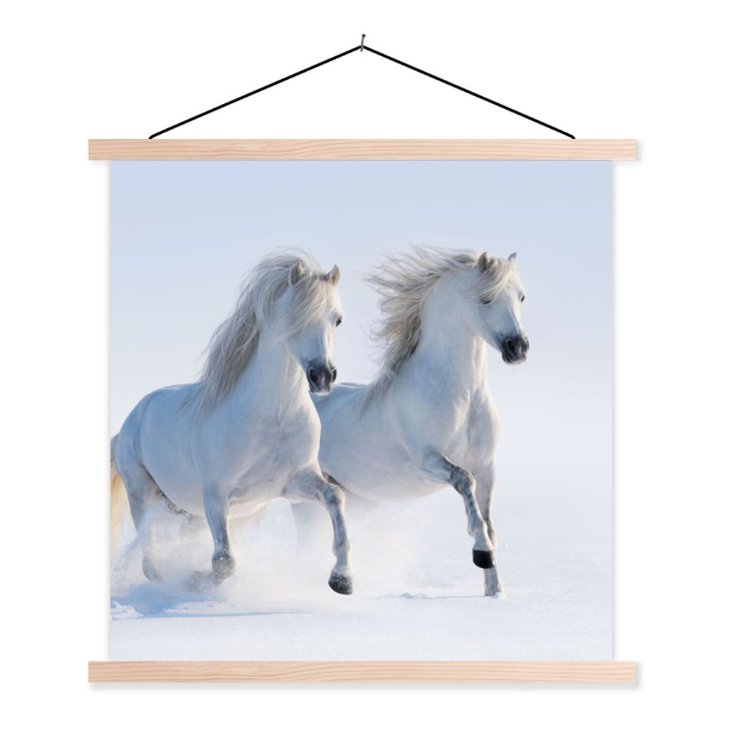 MuchoWow Textilposter Winter - Pferde - Schnee 120x120 cm mit holzfarbenen Rahmen - Textil-Poster