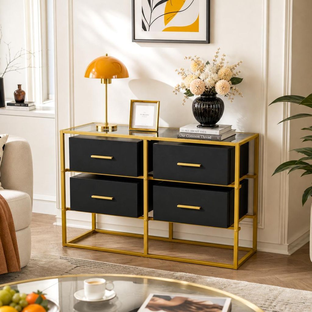 Sideboard mit 4 Schubladen und Glasplatte, Metallrahmen in Gold, Kommode, Wohnzimmer, Schlafzimmer, Schwarz-Gold, MDF+Glas+Metal, 100 x 35 x 65 cm