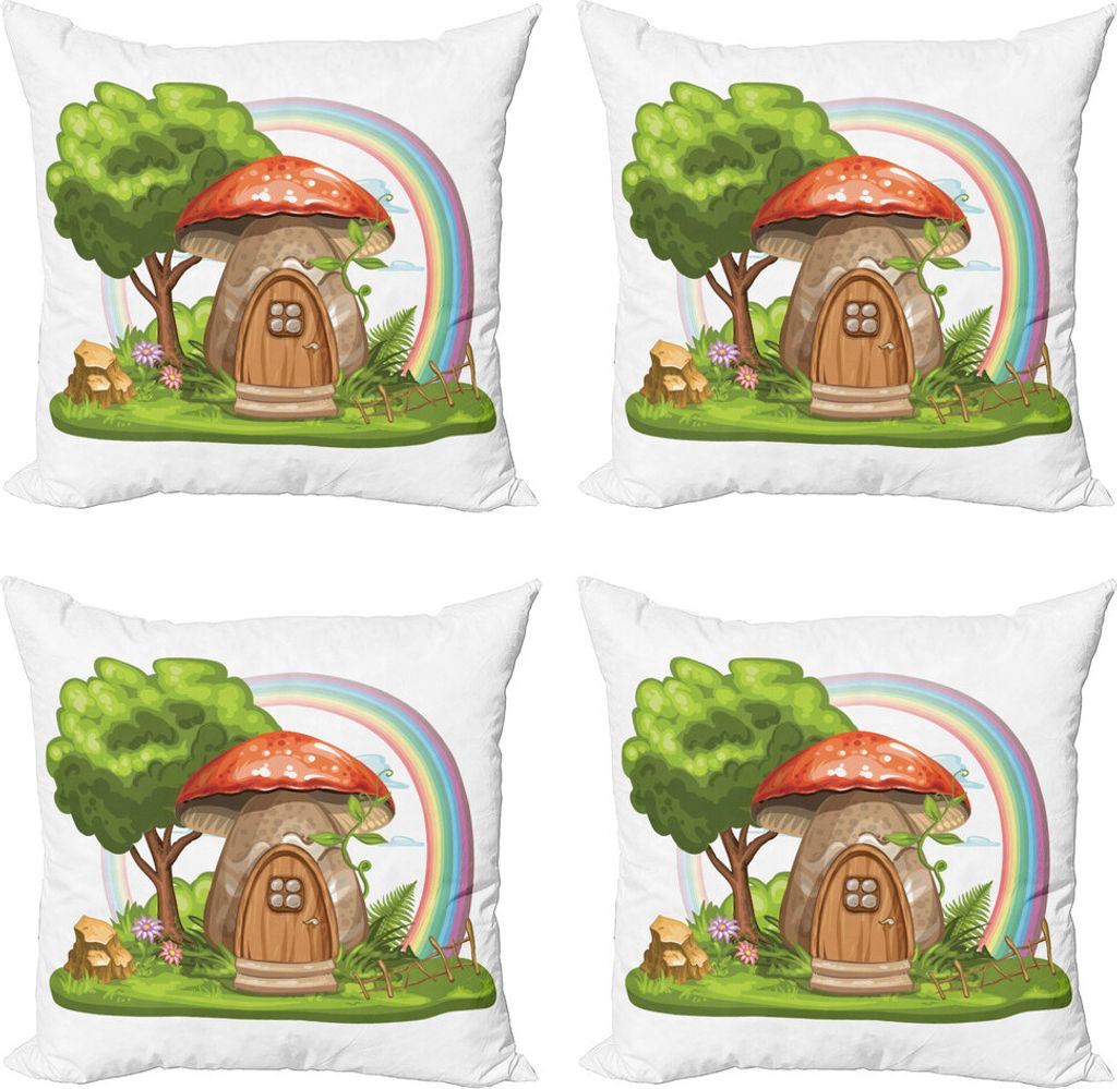 ABAKUHAUS Fantasie Kissenbezug Set (4 Stück), Magic World Pilz-Haus, Moderner Doppelseitiger Digitaldruck, 50 cm x 50 cm, Mehrfarbig
