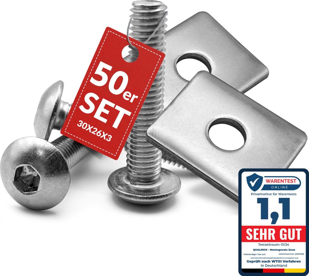 Qualinos 50x hochwertige Doppelstabmattenzaun Befestigung Klemmplatten 30x26x3 mm und Schrauben aus 1.4301 Edelstahl. Doppelstabmazttenzaun Befesti...