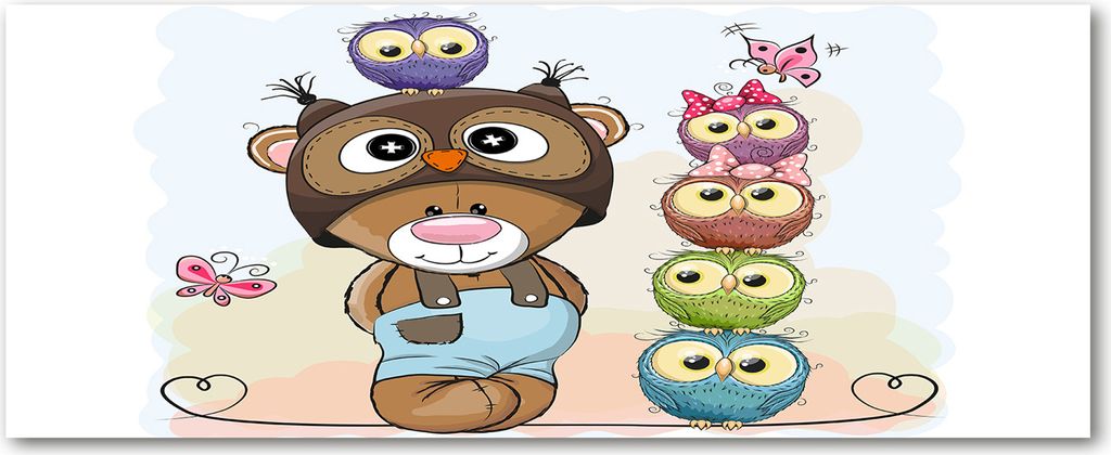 Tulup Leinwandbild - 125x50 cm - Wandkunst - Drucke auf Leinwand - Leinwanddruck - Kinderzimmer - Mehrfarbig - Teddybär und Eulen