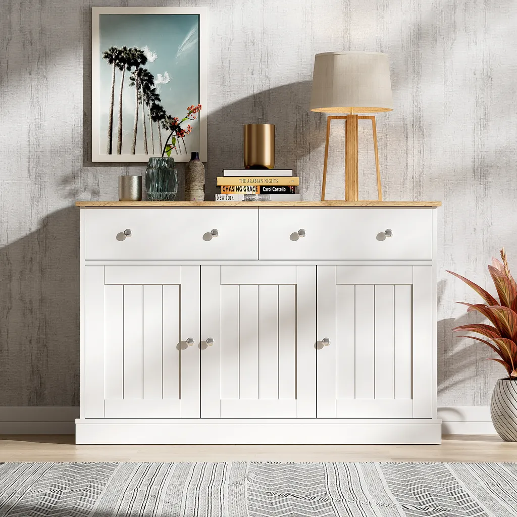 Buffet Fortuna Lai 120 x 36 x 80,5 cm Blanc avec Texture Gravée Chic