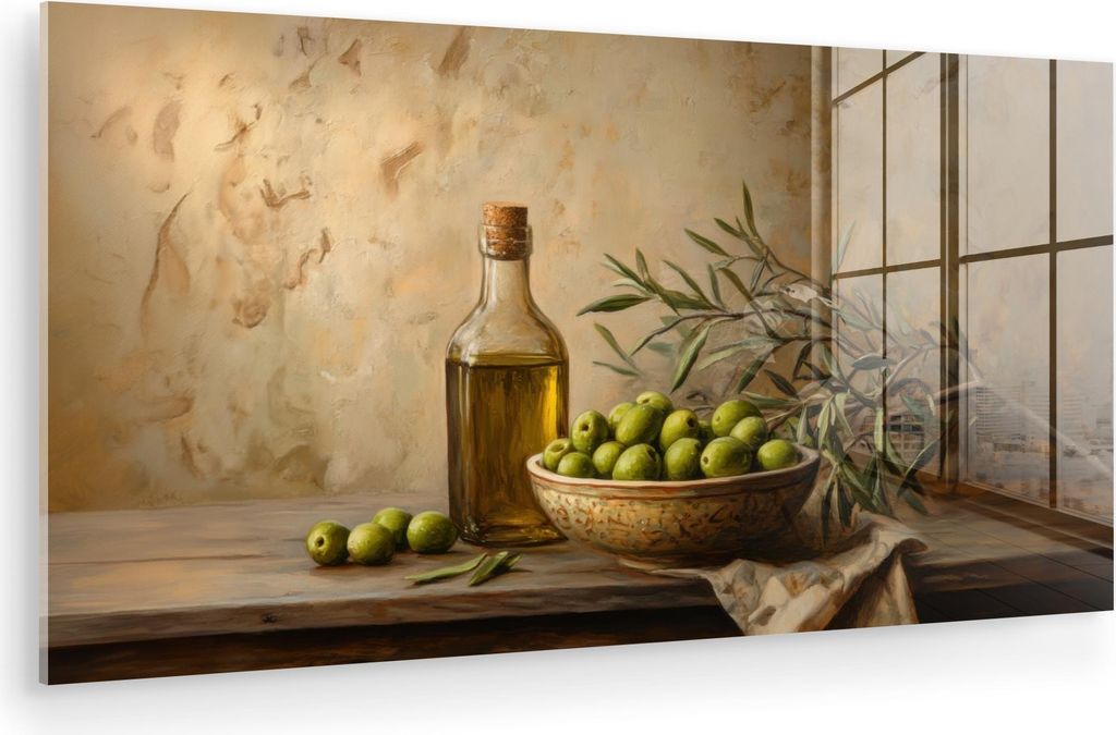 MuchoWow Glasbilder - Bilder auf Wandbild - Foto auf Glas Oliven - Stilleben - Vintage 40x20 cm Wanddekoration aus Glas - Acrylglasbild - Acrylbild...
