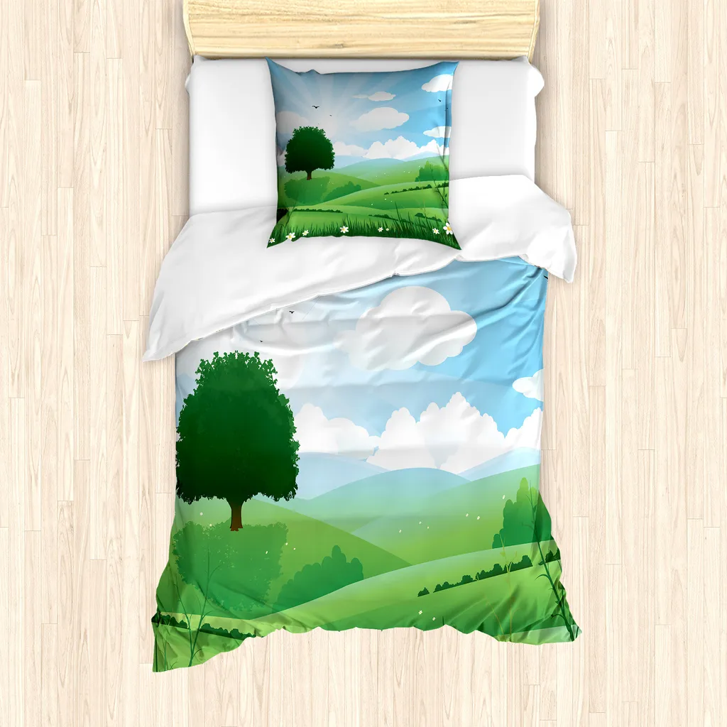 ABAKUHAUS Set copripiumino per letti singoli con motivi floreali, vista singola, antiacaro, adatto a chi soffre di allergie, con federa, 135 cm x 200 cm - 80 x 80 cm, blu cielo e verde felce