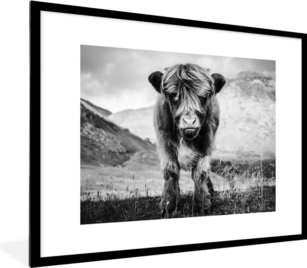 MuchoWow Gerahmtes Poster Schottischer Highlander - Berg - Schwarz - Weiß 80x60 cm - Poster mit Schwarzem Bilderrahmen Wandposter Rahmen Foto Bi...