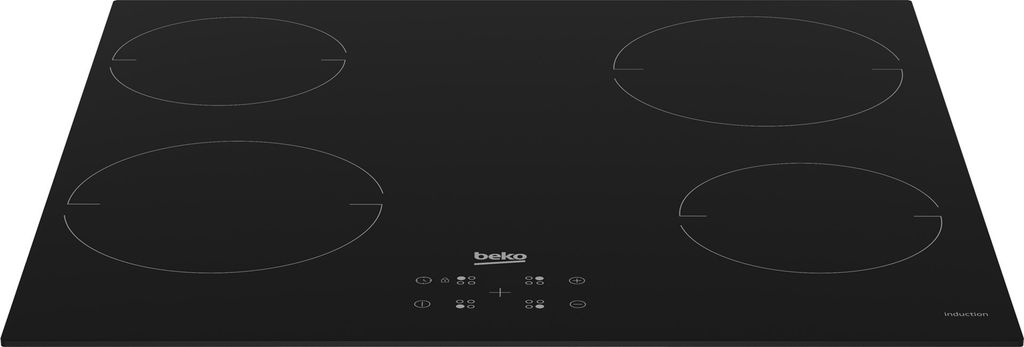 A black induction hob with four cooking zones, shown from a slightly elevated angle.
