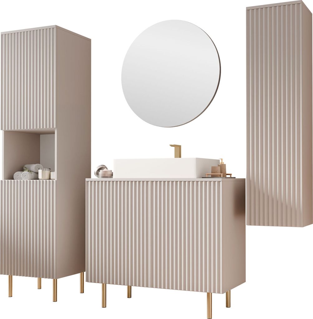 MIRJAN24 Badmöbel-Set Nubia V, Badezimmer-Set mit Spiegel (Farbe: Cashmere, Mit Siphon, Ohne Waschbecken)