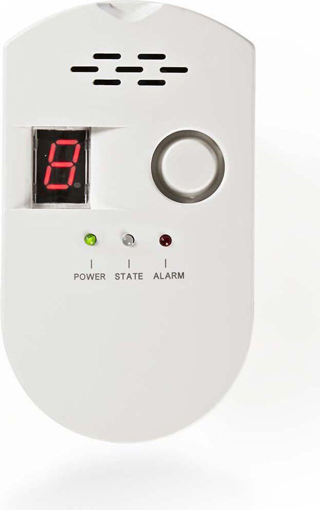 A white gas alarm device is shown against a white background.