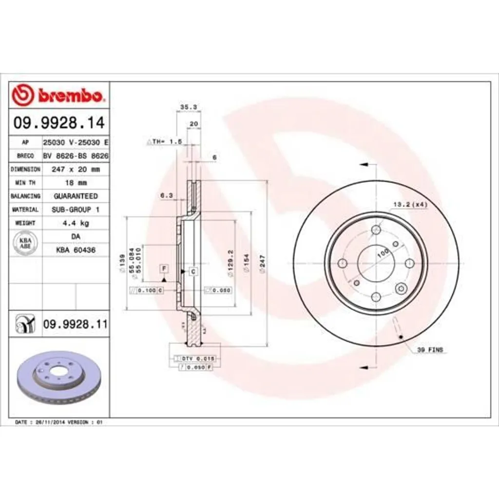 Disques BREMBO 09.9928.14 avec traitement anti-corrosion pour l'avant