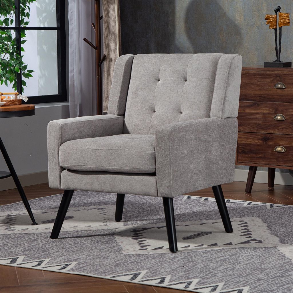 LVHOM Retro Polstersessel mit Holzbeinen, Skandinavischer Lesesessel aus Leinenoptik, Gesteppter Loungesessel für Wohnzimmer, Hellgrau