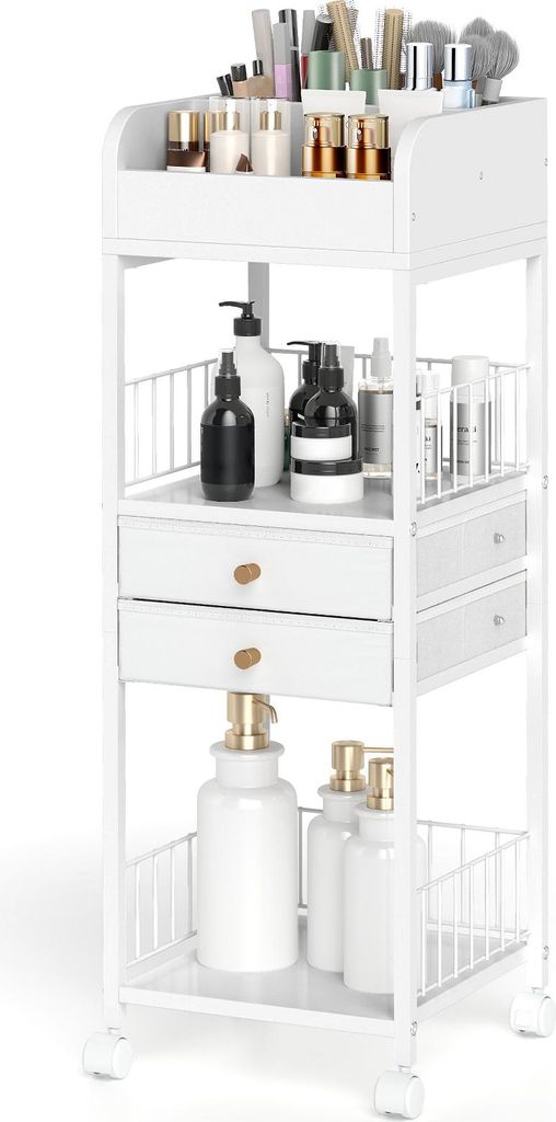Schmink-Organizer-Wagen, Kosmetikaufbewahrung mit 2 Schubladen, abschließbare Räder, rollender Hautpflege-Kosmetik-Organizer für Nagellack, Weiß
